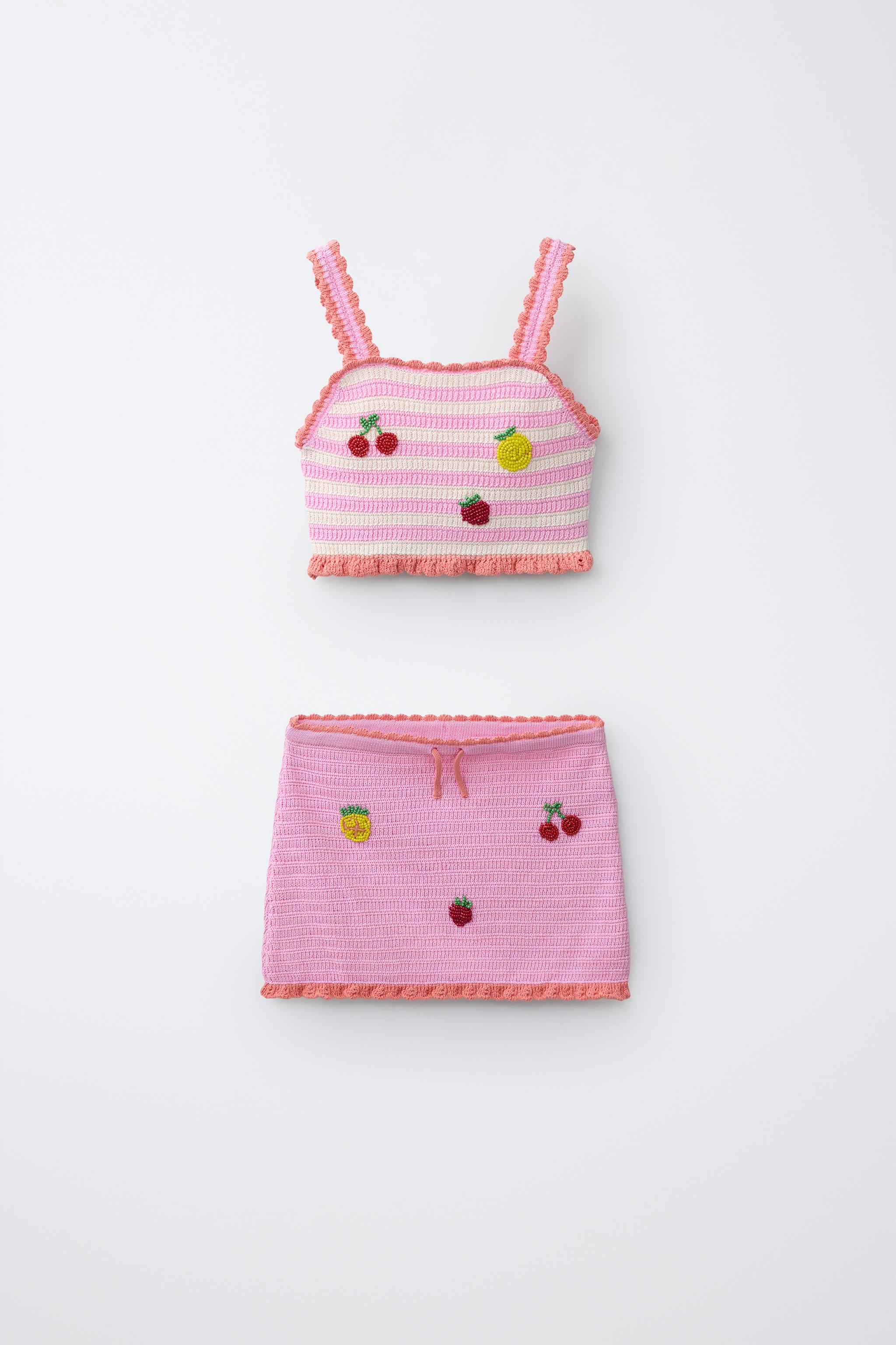 6-14 YEARS/ FRUIT & STRIPE CROCHET KNIT TOP PAREO SET