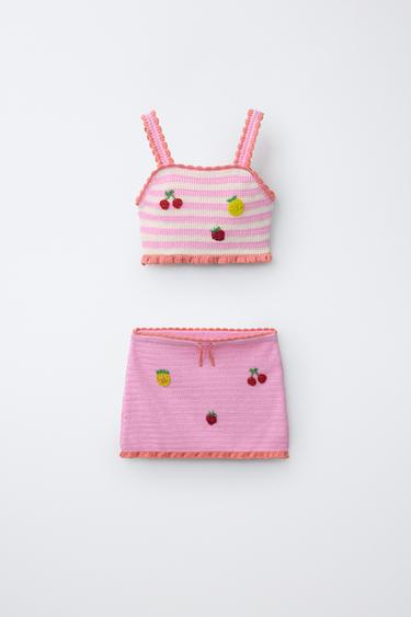 6-14 YEARS/ FRUIT & STRIPE CROCHET KNIT TOP & PAREO SET - Pink by Zara