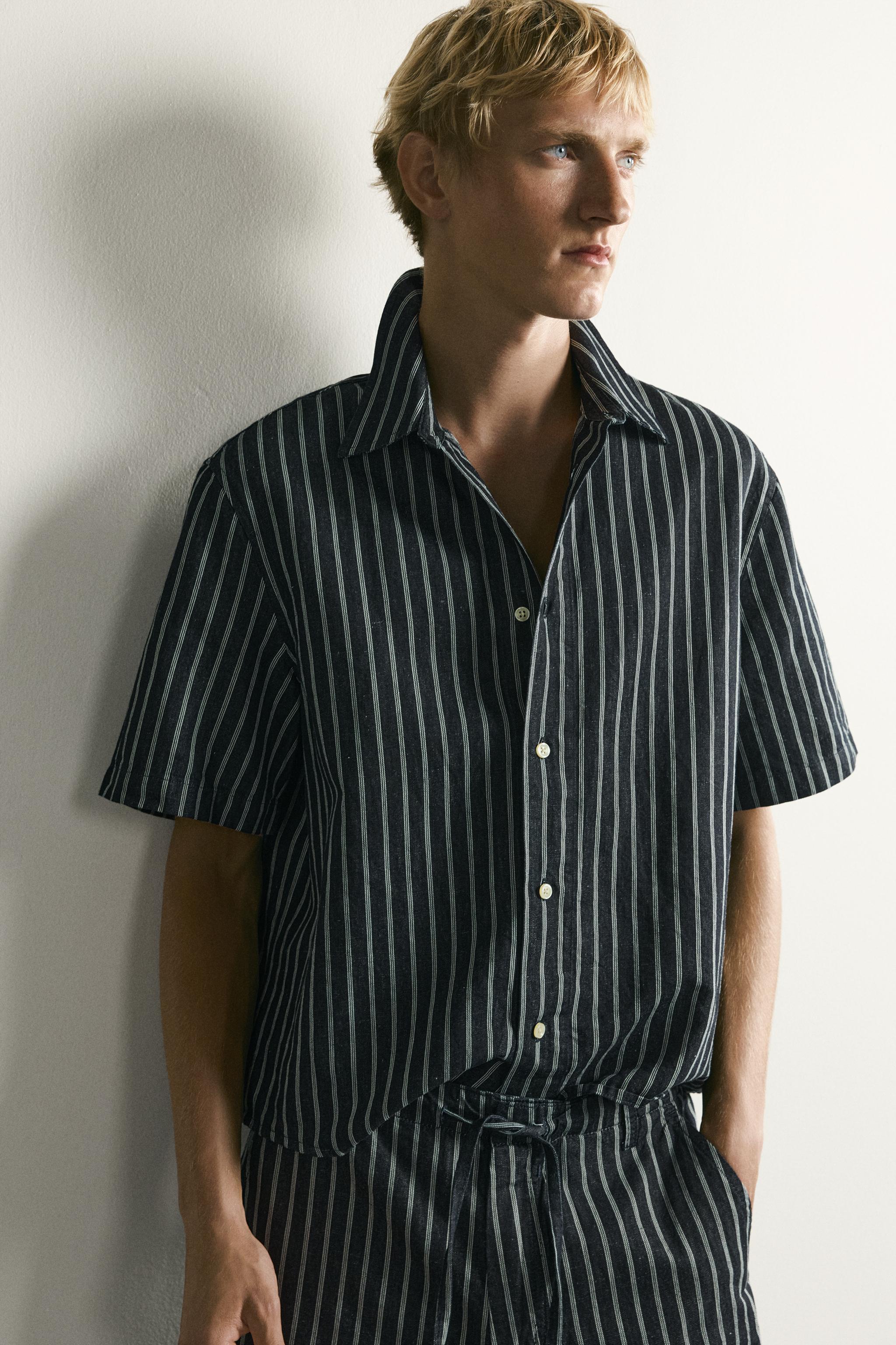 STRIPED COTTON-LINEN DENIM SHIRT