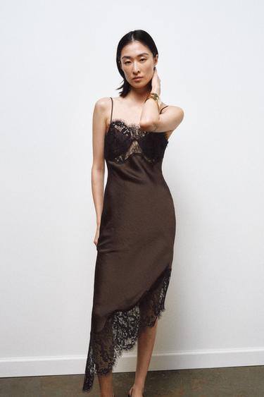 ZW COLLECTION ASYMMETRIC LACE SATIN DRESS - Black / Brown by Zara