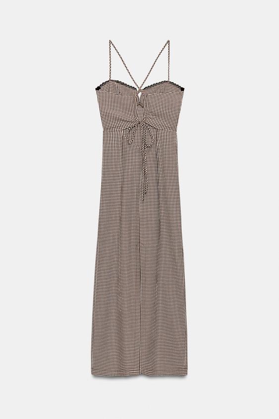 GINGHAM MIDI DRESS - Brown / Ecru