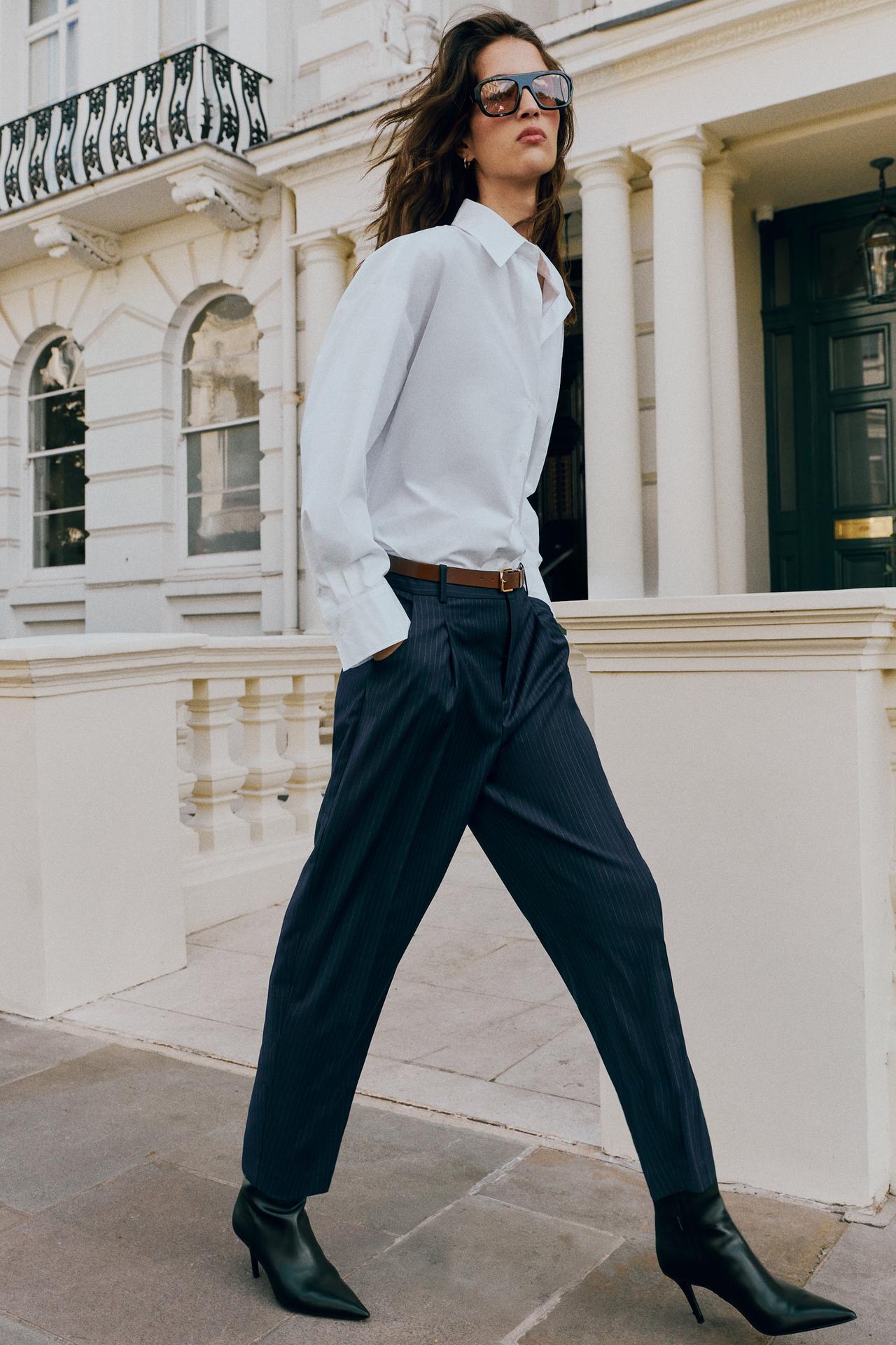 BELTED ANKLE PANTS — Navy blue