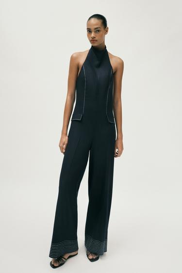 LINEN BLEND HALTER JUMPSUIT WITH CONTRAST TOPSTITCHING - Navy blue by Zara