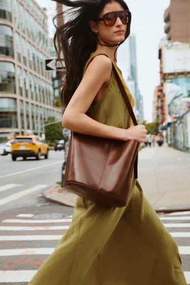 Zara ASYMMETRIC LEATHER BUCKET BAG - Brown