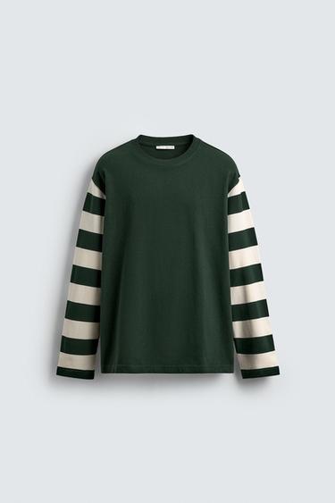 STRIPED LONG SLEEVE T-SHIRT - White / Green by Zara
