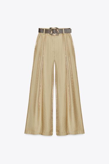 WIDE SATIN TROUSERS WITH BELT - camel by Zara