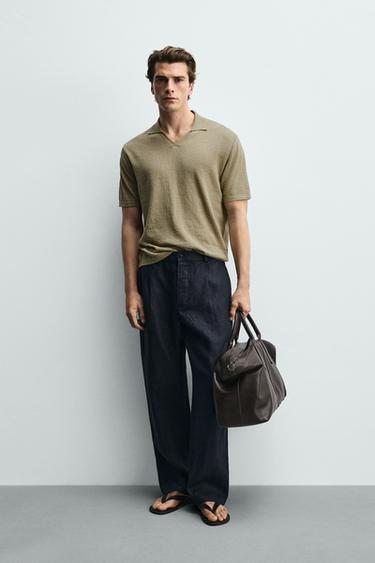 Zara REGULAR FIT COTTON LINEN BLEND KNIT POLO SHIRT - Moss green - Image 0