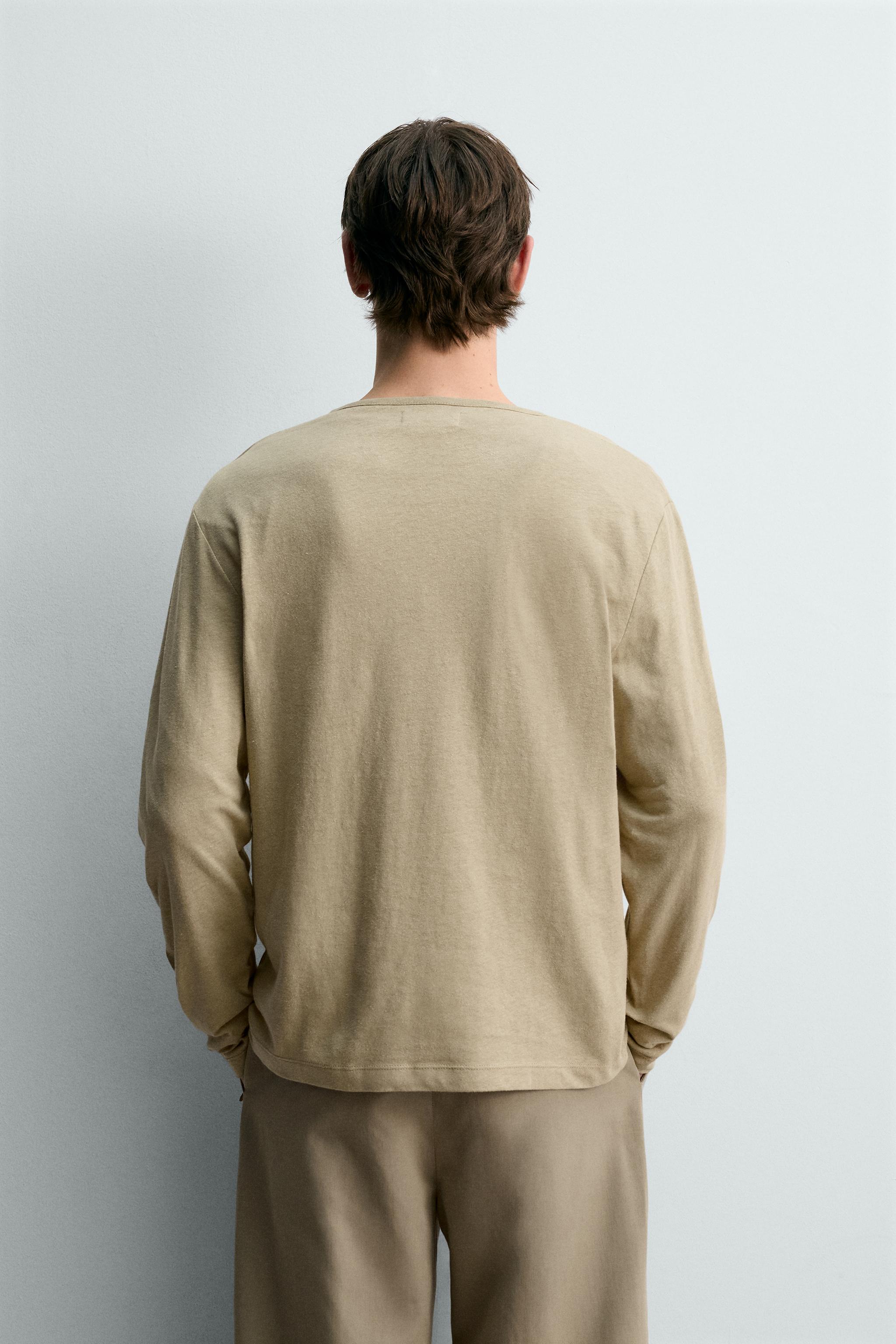 COTTON LINEN BLEND HENLEY T-SHIRT
