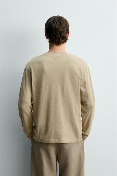 COTTON - LINEN HENLEY T-SHIRT - Dark beige by Zara - Image 2