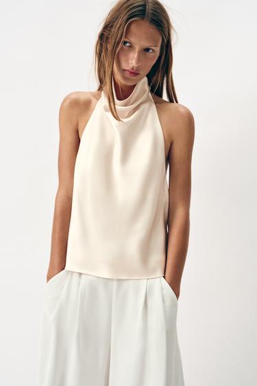 SATIN HALTER TOP - Ecru by Zara