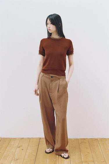 BASIC PLAIN KNIT SHORT SLEEVE TOP - Light brown by Zara
