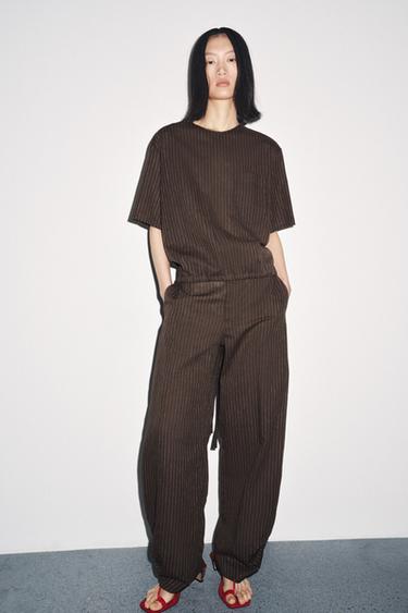 Zara ZW COLLECTION STRIPED LINEN BLEND BALLOON PANTS - Brown / Ecru - Image 0