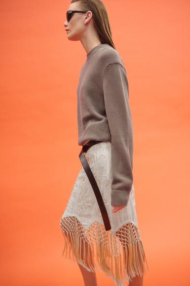 Zara ZW COLLECTION EMBROIDERED FRINGED SKIRT - Ecru