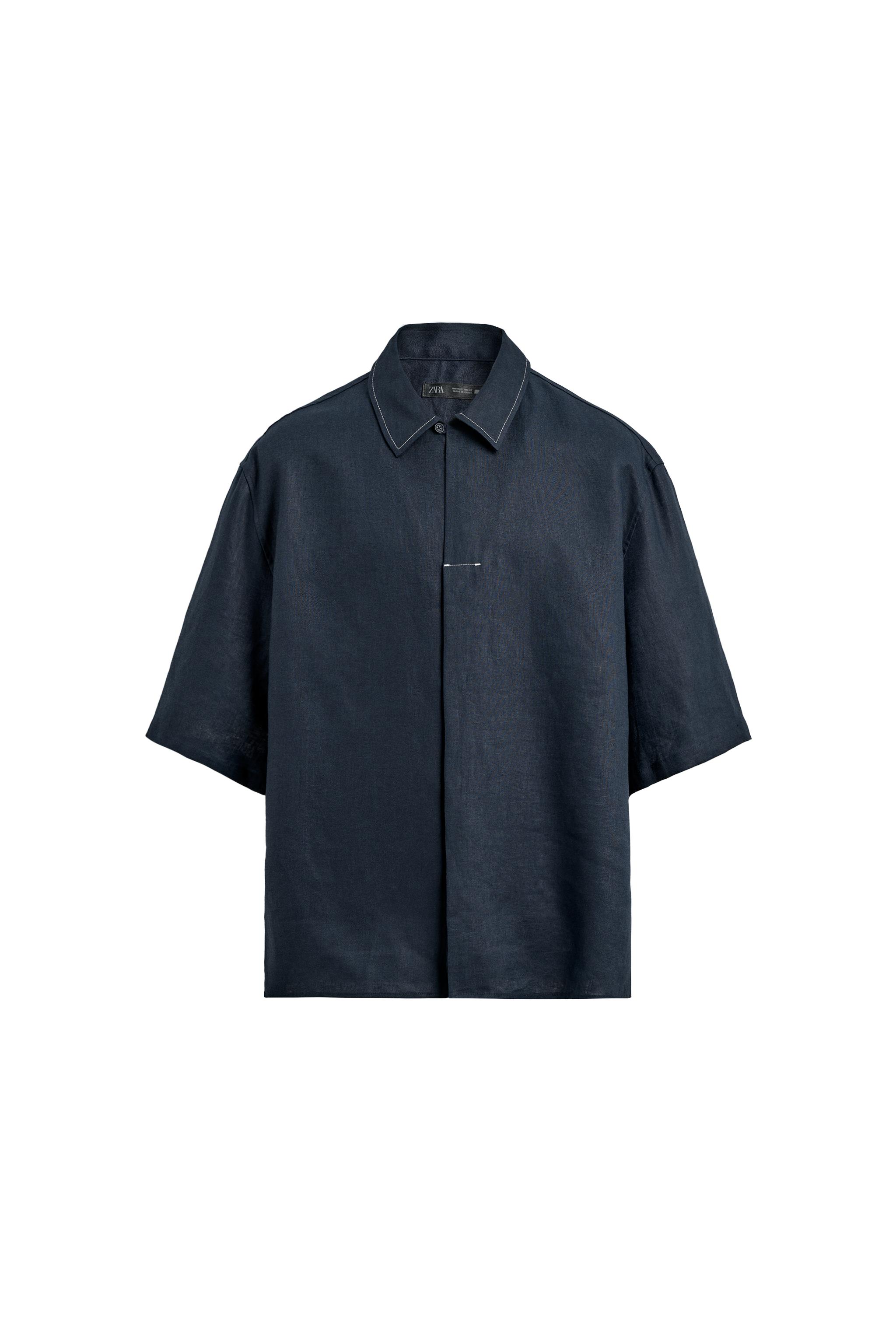コントラストステッチ 100% リネンシャツ - インディゴブルー | ZARA 