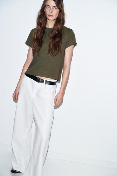 T-SHIRT COTON MANCHES COURTES - Kaki de Zara