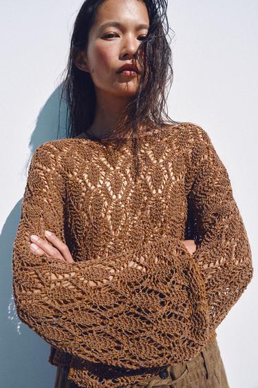 CUTWORK KNIT BELL SLEEVE JUMPER - dark russet by Zara