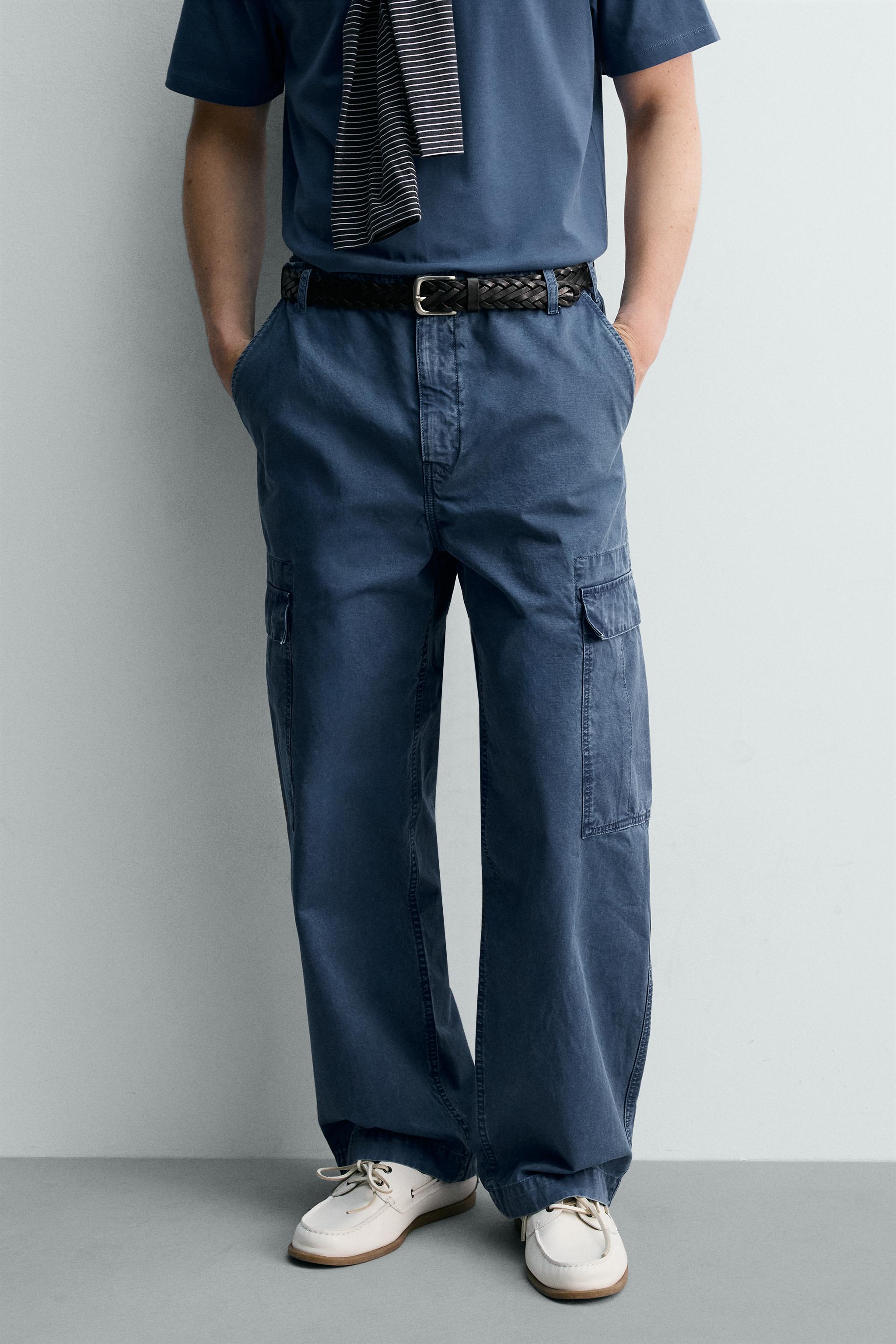 WASHED RELAXED FIT CARGO PANTS — Blue