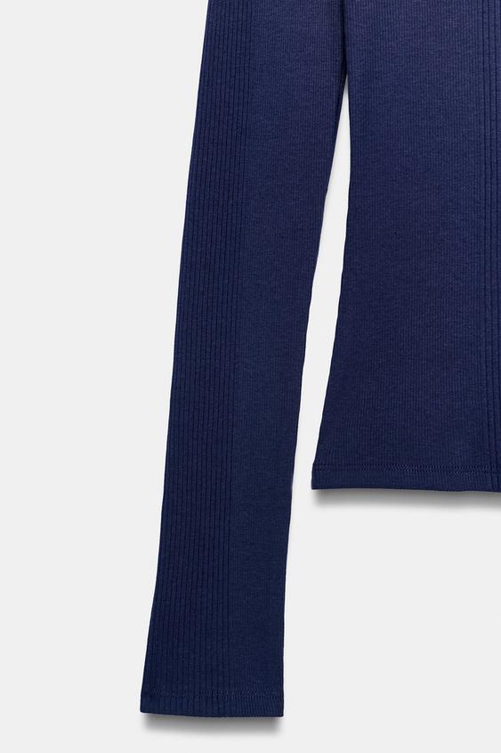 RIBBED HIGH NECK T-SHIRT - Navy blue by Zara - Image 5