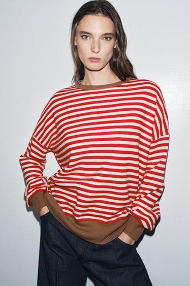 Zara 100% WOOL STRIPED SWEATER - Ecru / Red