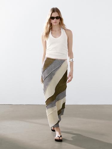 Zara 100% linen patchwork midi skirt - Yellow