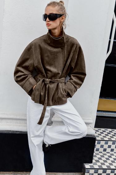 BELTED FAUX SUEDE JACKET - Dark mink by Zara