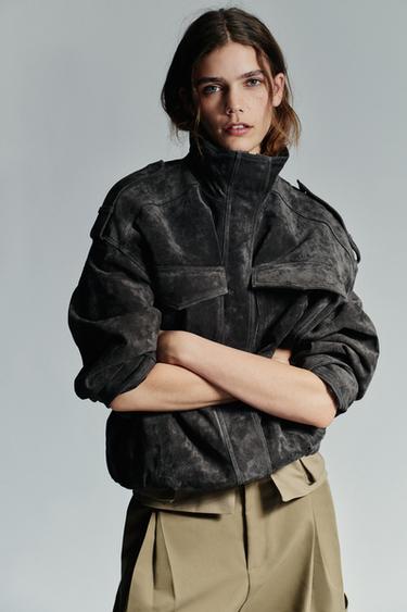 CAZADORA PIEL ANTE 100% - Carbón de Zara