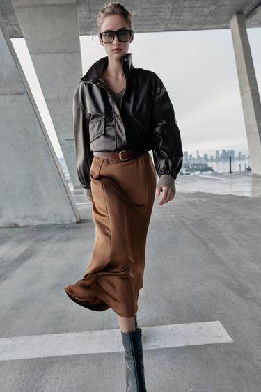 Zara SATIN MIDI SKIRT - Caramel