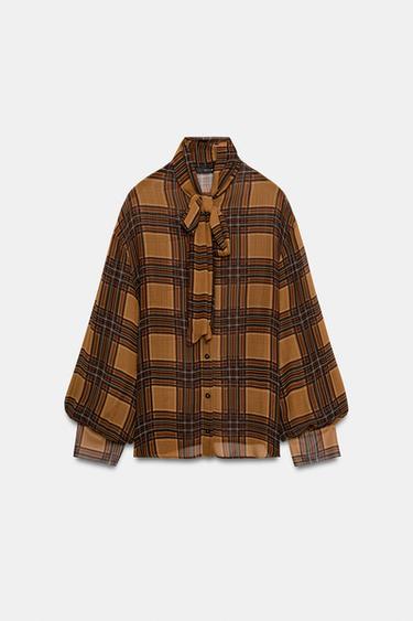 CHECK SHIRT WITH BOW - Mustard by Zara - Image 0