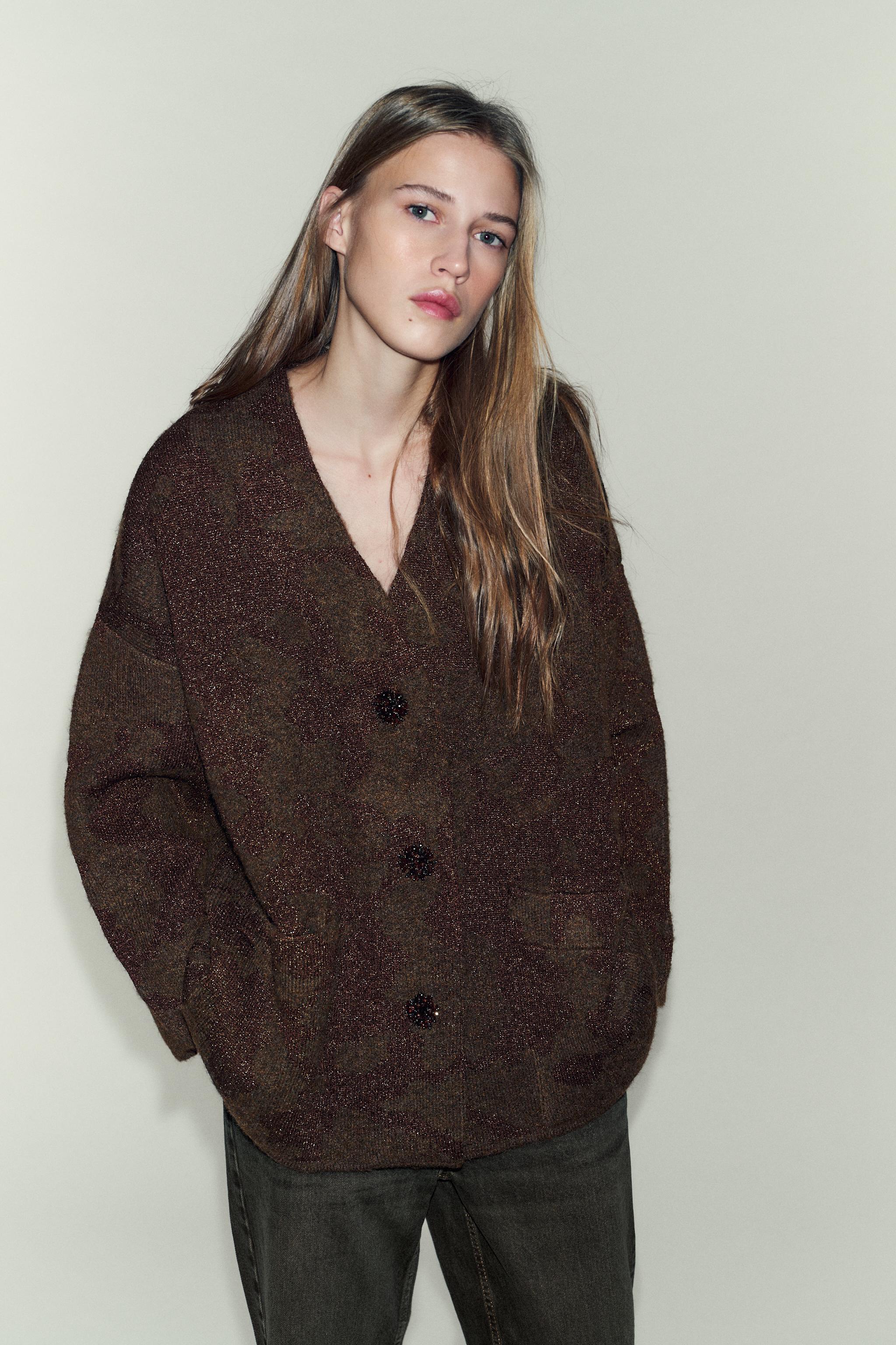 METALLIC THREAD CARDIGAN - Brown | ZARA India