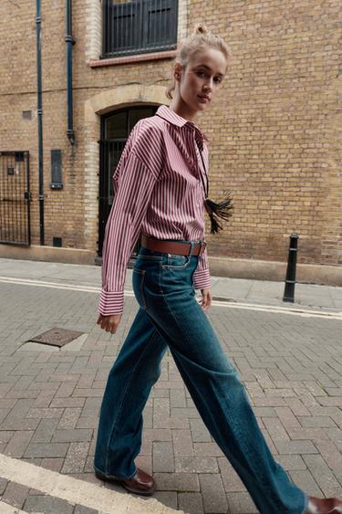 ПОПЛІНОВА СОРОЧКА В СМУЖКУ - Бордовий Zara