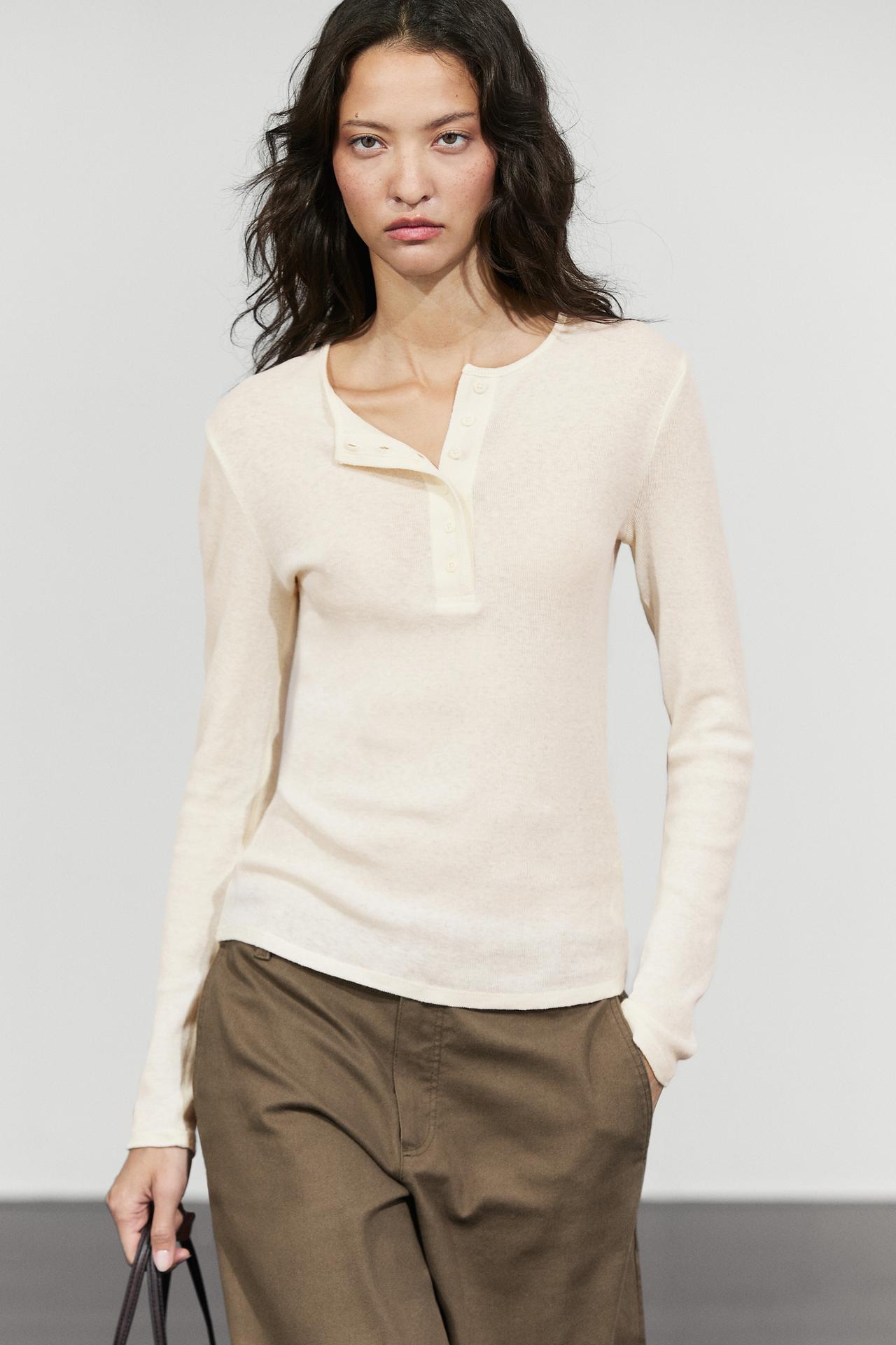 Long sleeve cotton blend henley — Ecru