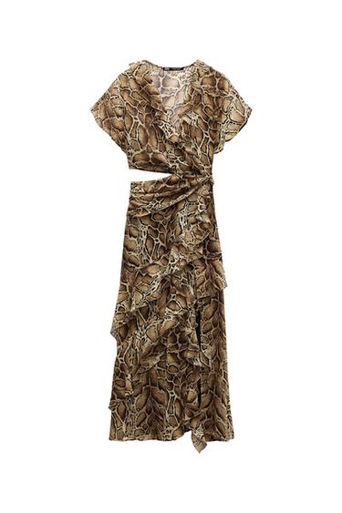 RUFFLED ANIMAL PRINT MIDI DRESS