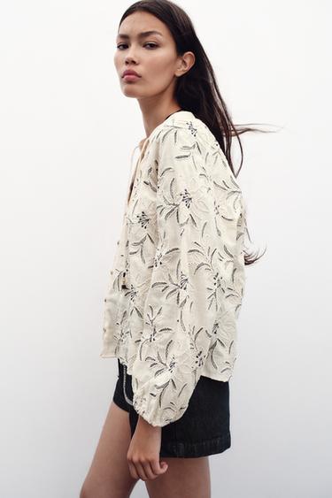 RUSTIC TEXTURED EMBROIDERED BLOUSE - Ecru / Blue by Zara - Image 3