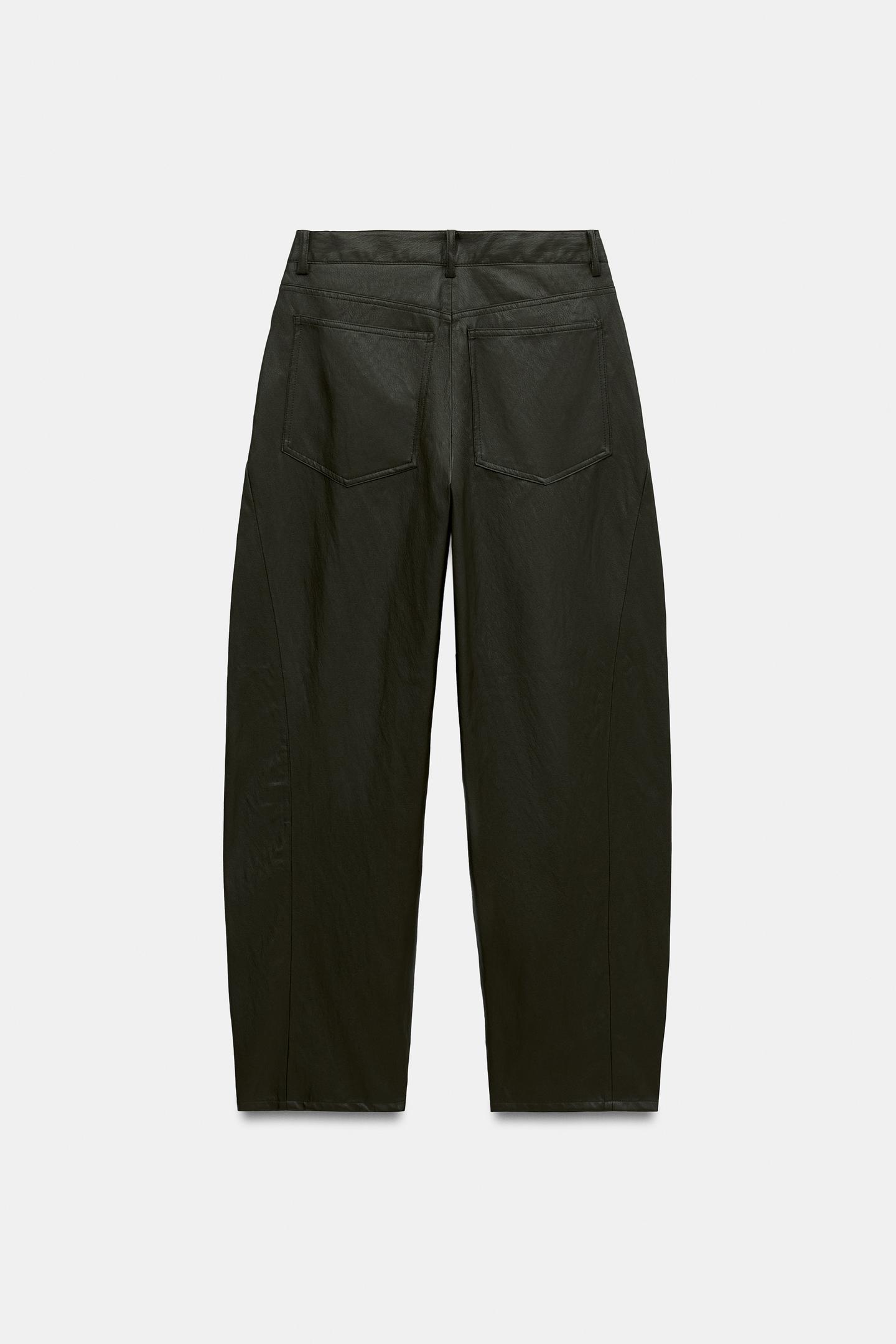 Женские брюки Zara Faux Leather Barrel, цвет: Тёмный хаки — фото 8