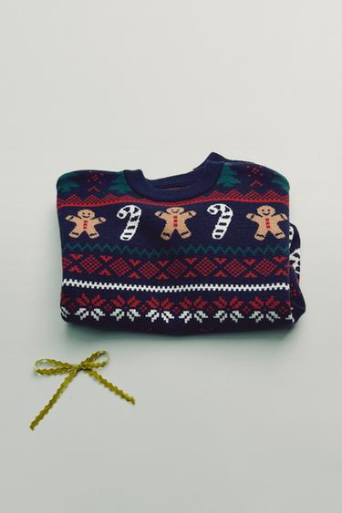 Zara BISCUIT JACQUARD KNIT JUMPER - Navy blue