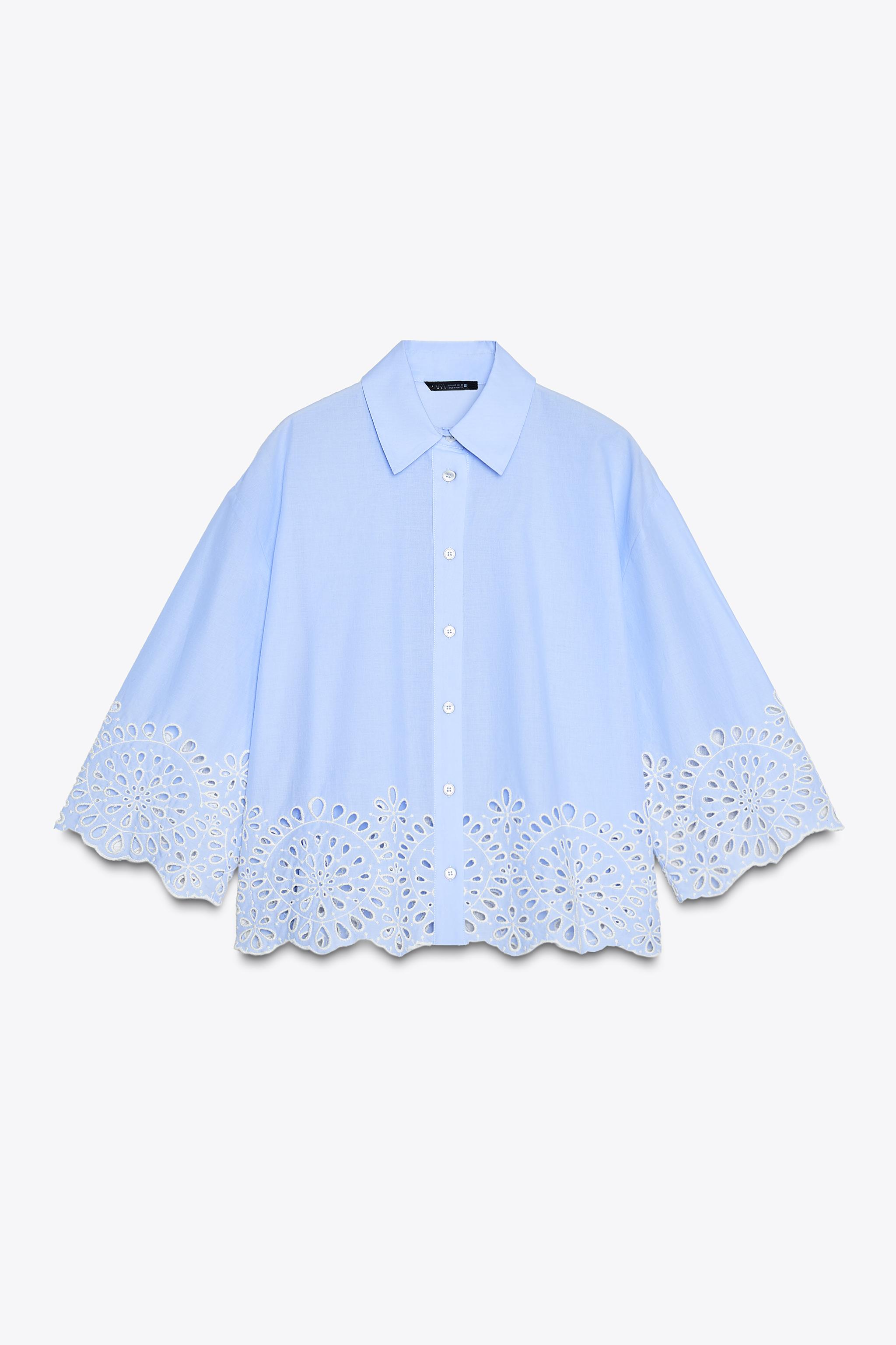 POPLIN TOP WITH EYELET EMBROIDERY - Blue / White | ZARA POPLIN TOP WITH EYELET EMBROIDERY - Blue / White | ZARA