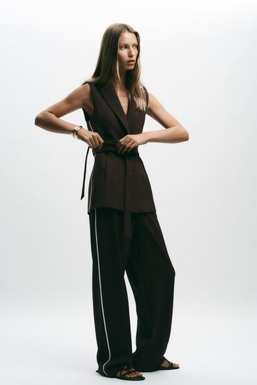 STRAIGHT-LEG TROUSERS WITH SIDE STRIPE - Brown by Zara