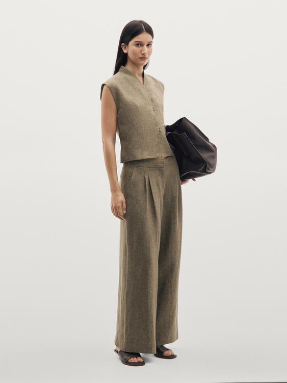 Linen wide-leg trousers with darts