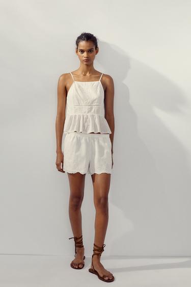 EMBROIDERED FLORAL TIE TOP - Oyster-white by Zara