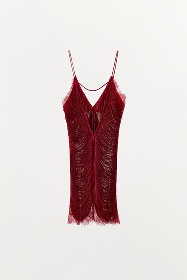 SHORT LACE DRESS WITH FRINGING - Intense red by Zara - Image 6