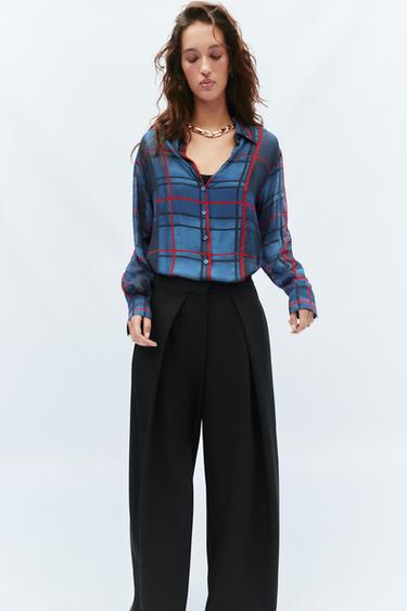 CAMISA CUADROS SEMITRANSPARENTE - Azules de Zara