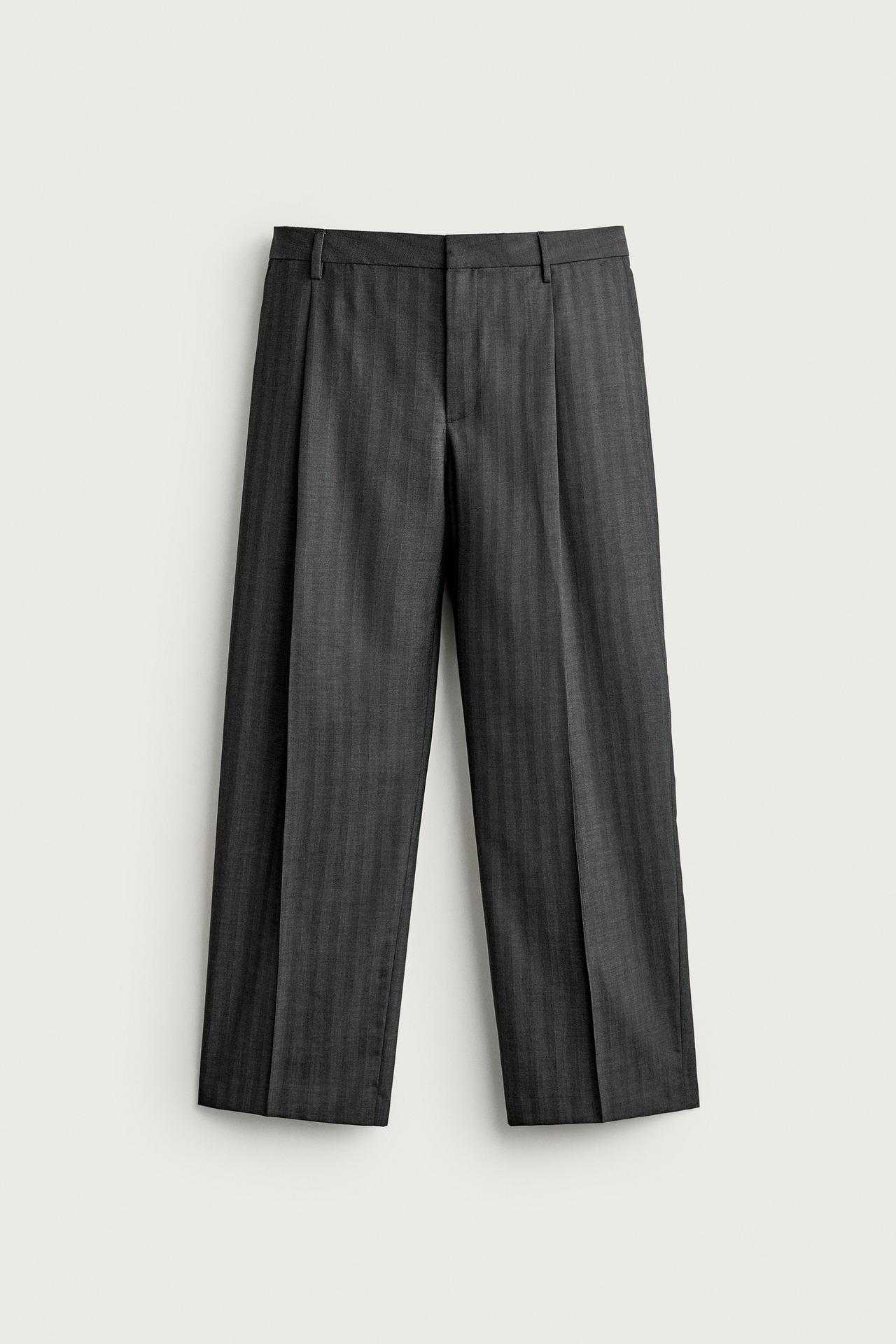 STRIPED PLEATED RELAXED FIT PANTS — Gray
