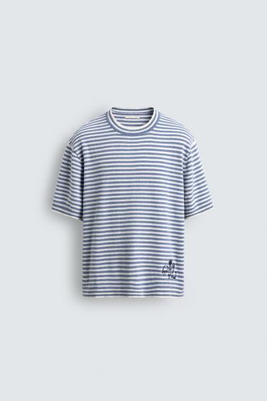 STRIPED TEXTURED KNIT T-SHIRT FILIPE JARDIM X ZARA - Blue/White by Zara