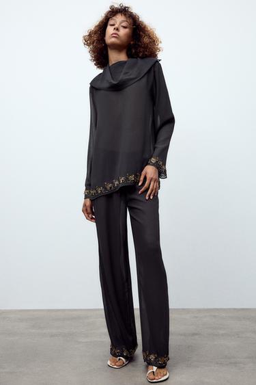 FLOWING BLOUSE WITH BEAD DETAIL ZW COLLECTION - Dark grey by Zara - Image 0