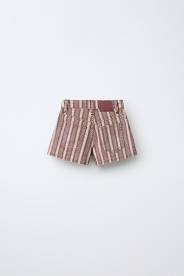 STRIPED DENIM BERMUDA SHORTS - Burgundy by Zara - Image 1