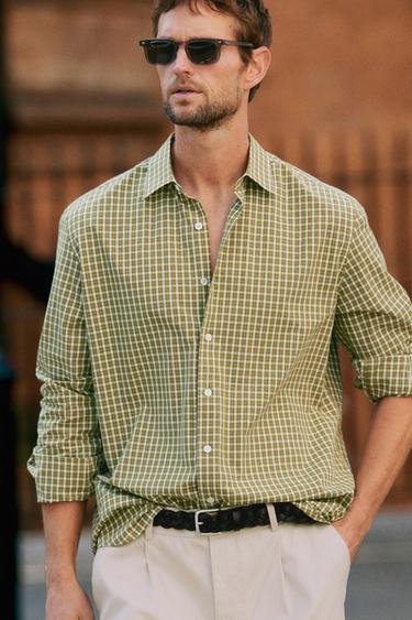 Zara 100% cotton regular fit check shirt - Green