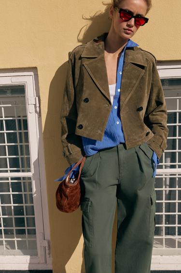 Zara CROPPED DOUBLE BREASTED 100% LEATHER TRENCH - Dark khaki