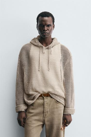 CROCHET TEXTURED SWEATSHIRT - Taupe grey by Zara