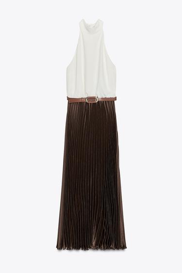 ROBE MIDI COMBINÉE PLISSÉE - Marron de Zara - Image 7