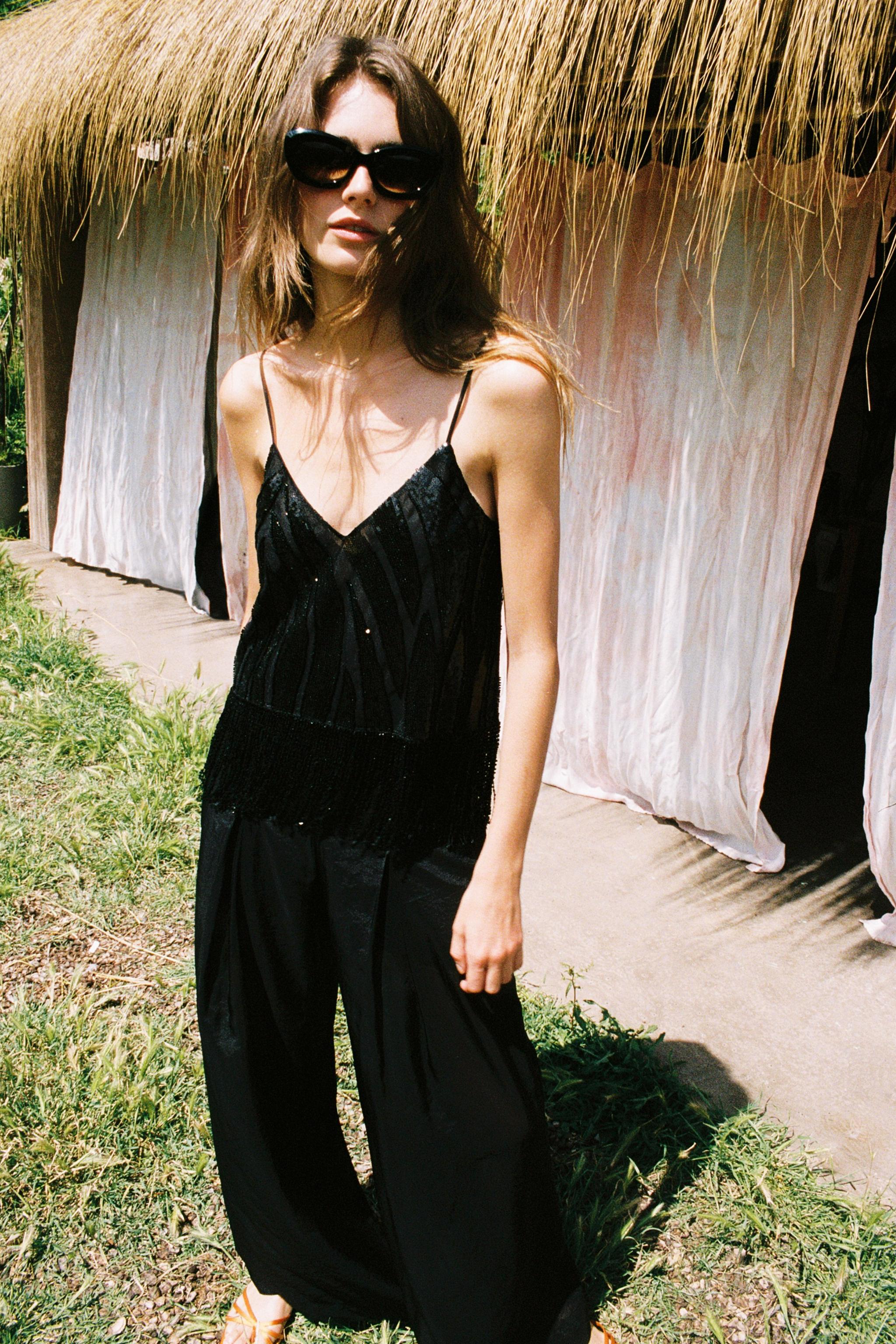 SEMI-SHEER WIDE-LEG TROUSERS — Black